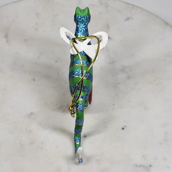 Vtg Cat Christmas Ornament 6.5" Green Glitter Striped Angel Wings Holiday Decor - Picture 14 of 15